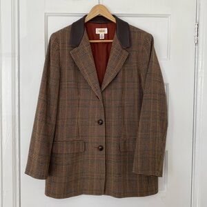 Talbots wool and leather plaid preppy longline blazer